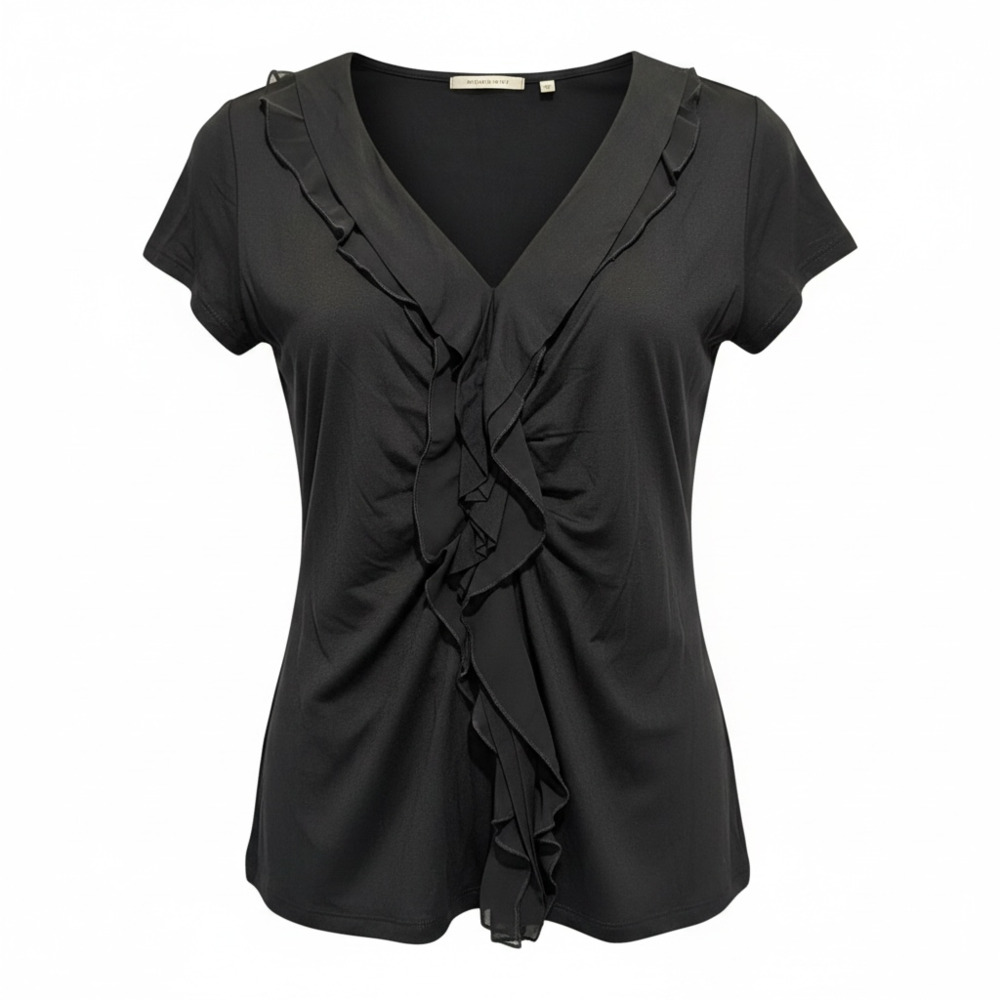 T Tahari Black Ruffle Front V-Neck Short Sleeve Blouse